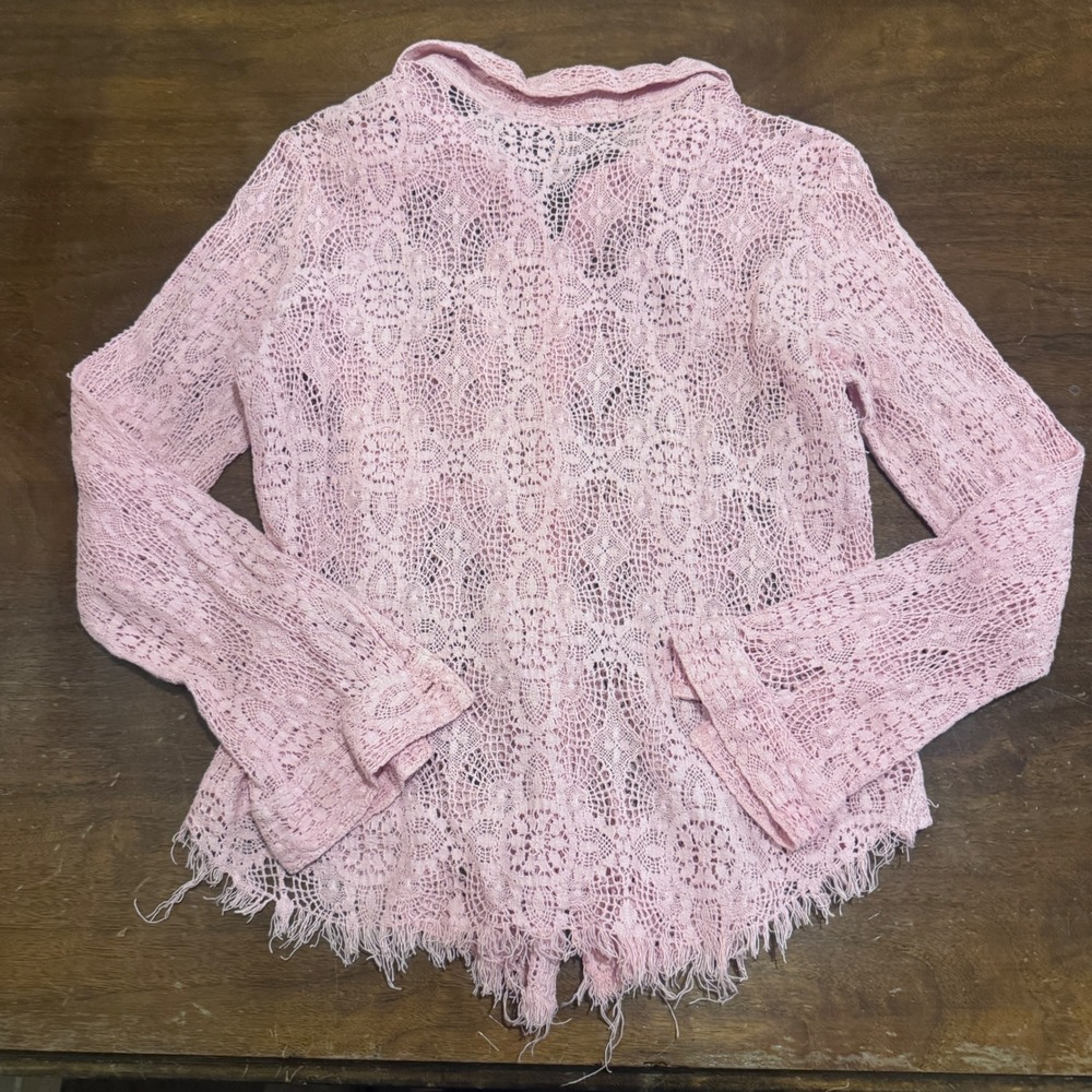 Open Knit Lace Button Down Shirt Cotton Boho Raw Hem USA Ballet Cottage Core Med - Picture 8 of 9